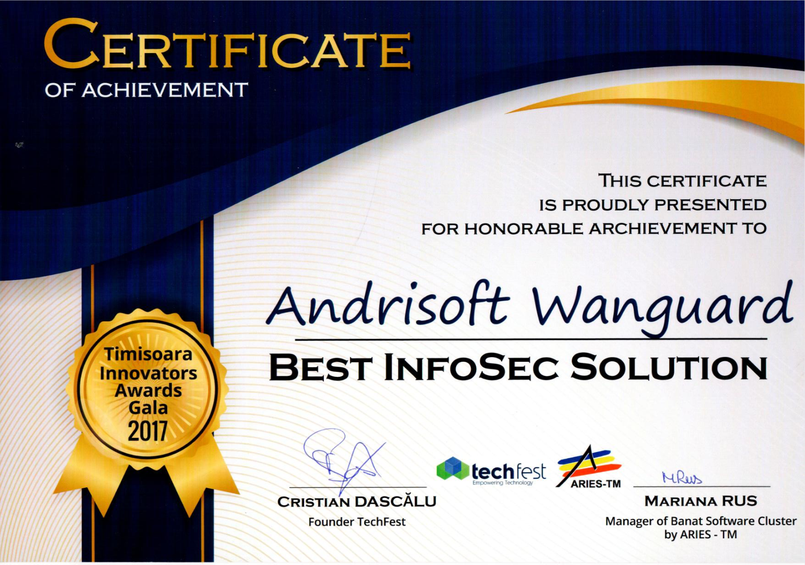 Andrisoft Wanguard won Best InfoSec Solution award!